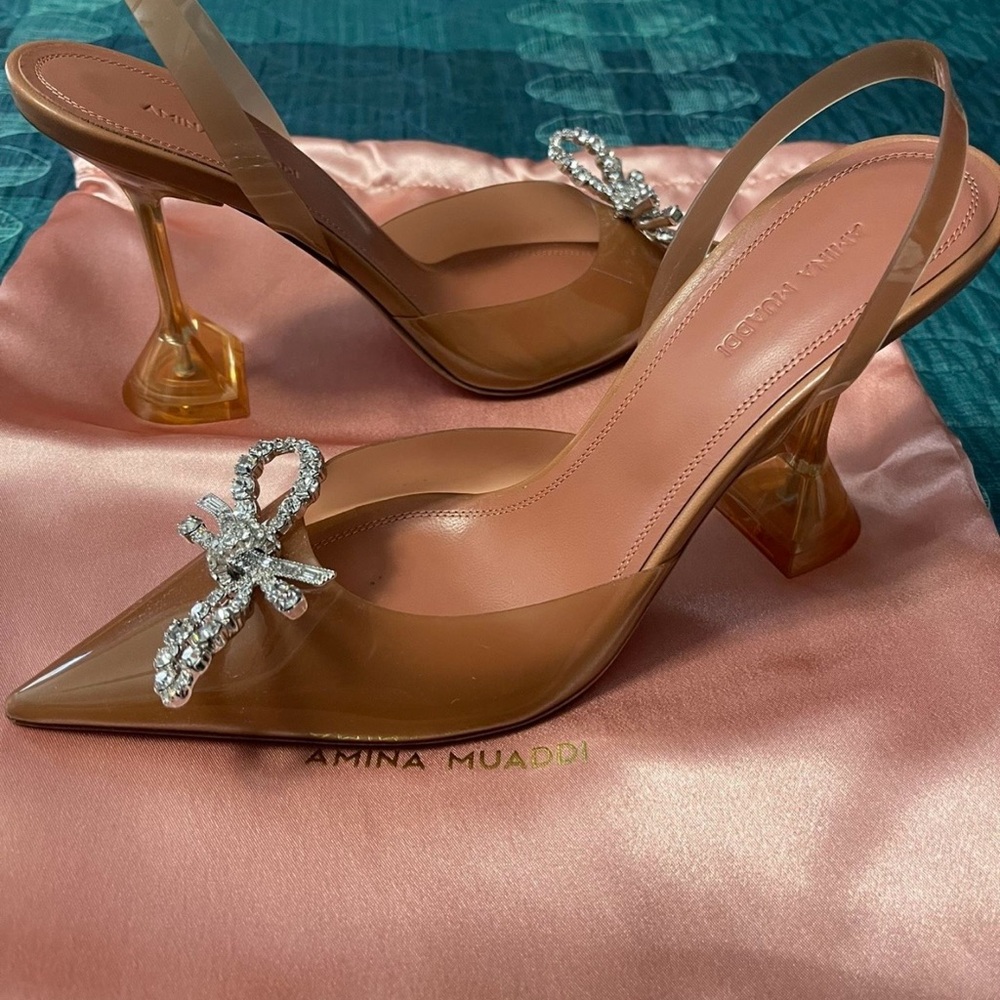 Amina Muaddi Tan Slingback Heels with Crystal Bow